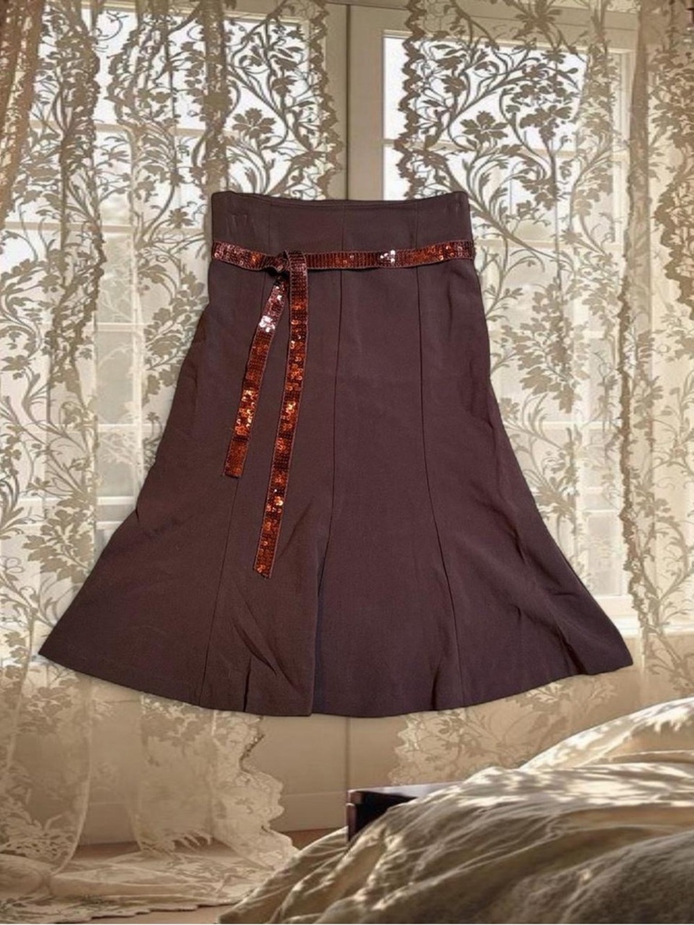 Vintage Y2K Deadstock Brown Midi Flare Skirt with Sequin Belt